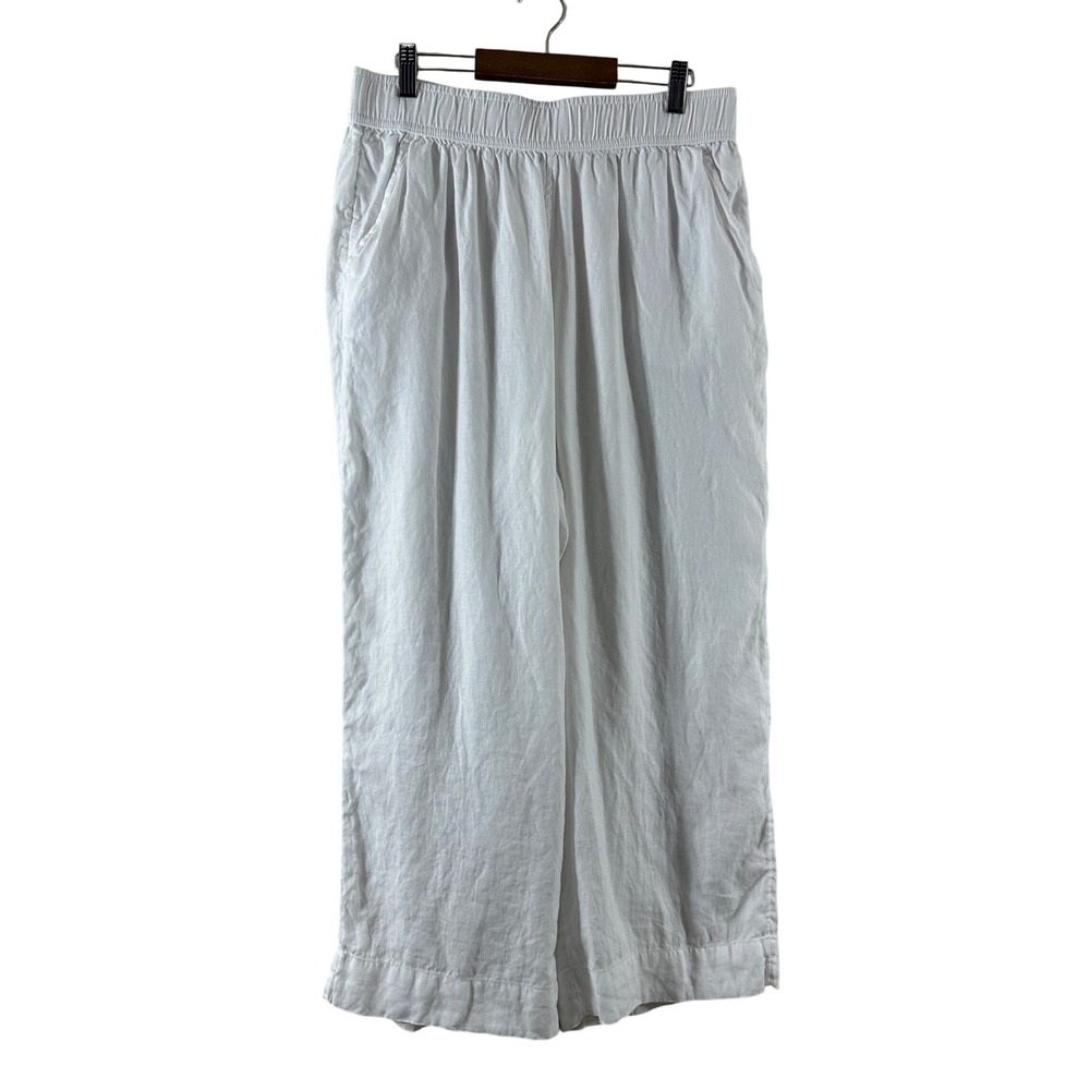 Tahari White‎ 100% Linen Wide Leg Cropped Pants Elastic Waist Womens Large